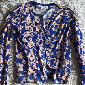 Diane Von Furstenberg Blue and Tan Floral Silk Cashmere Cardigan